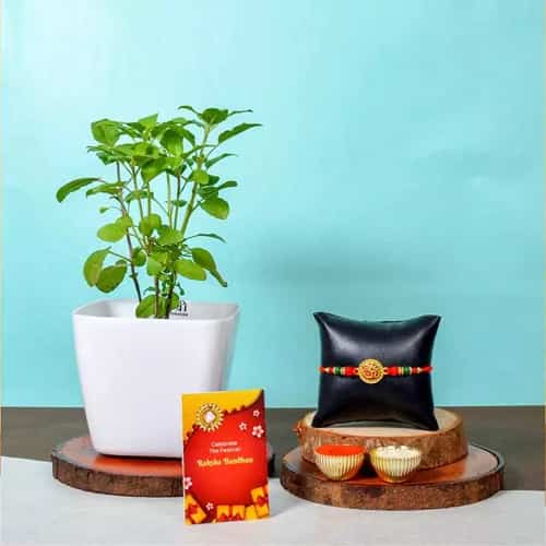 Metal Om Rakhi with Sacred Tulsi Plant