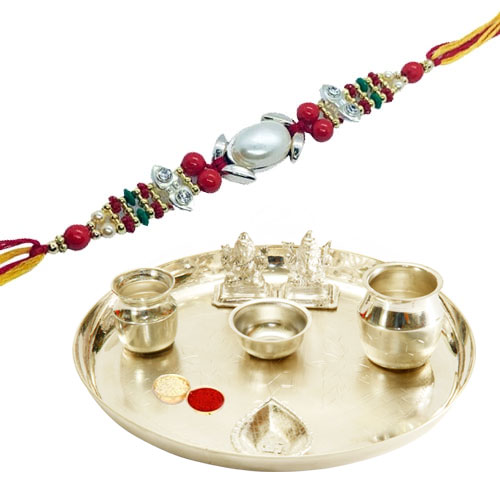 Classy Rakhi Special Gift of Silver Plated Pooja Thali with free Rakhi Roli Tilak and Chawal for your Dear Brother
