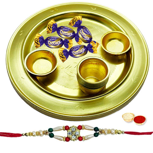 Enticing 4 Eclairs Chocolates and Silver Plated Thali with a Free Rakhi Roli Tilak and Chawal for your Precious Brother on the Occasion of Rakhi