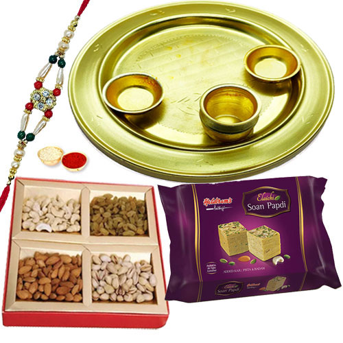 Dazzling Display of Decorative Silver Plated Thali Soan Papdi and Mixed Dry Fruits along with Free Rakhi Roli Tilak and Chawal for your Beloved Brother