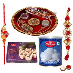 Exciting Gift Set of Rakhi Thali Soan Papdi and Rasgulla from Haldirams with free Rakhi Roli Tilak and Chawal for your Loved Ones on Raksha Bandhan
