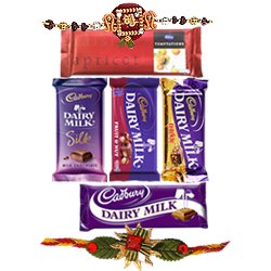 Delectable Raksha Bandhan Special Gift of Cadbury Chocolates Hamper with Free Rakhi Roli Tilak and Chawal