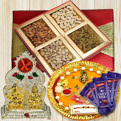 Assorted Dry Fruits with Rakhi Pooja Thali Ganesh Idol N Chocolates