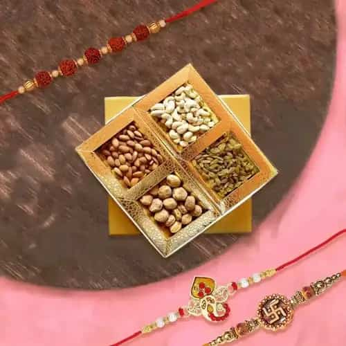 Breathtaking Spiritual Rakhi Trio with Assorted Dry Fruits