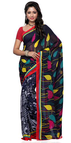Traditional Georgette Printed Saree in Black and Grey Colour
