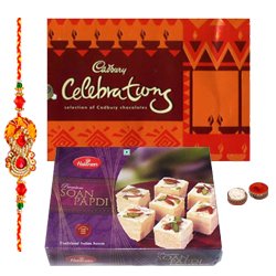 Wholesome Display of Haldiram Soan Papri and Cadbury Celebration Chocolates with Free Rakhi Roli Tilak and Chawal for this Raksha Bandhan
