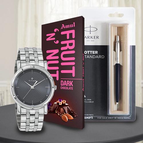 Marvelous Titan Watch with Parker Pen and Amul Chocolate