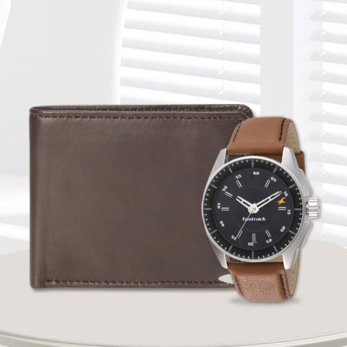 Admirable Fastrack Watch with a Brown Leather Wallet from Rich Born for Men Admirable Fastrack Watch with a Brown Leather Wallet from Rich Born for Men