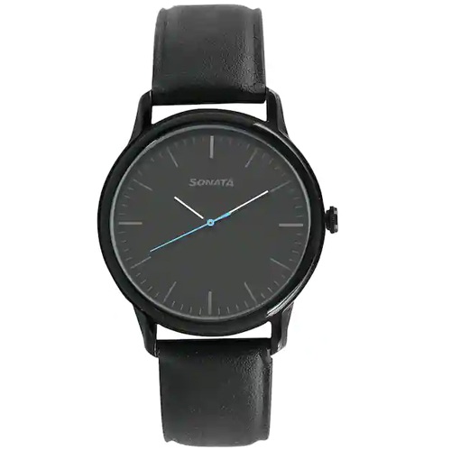 Sleek Sonata Black Dial Leather Strap Mens Watch