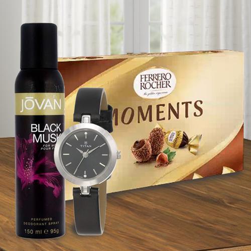 Attractive Gift of Titan Watch, Jovan Musk Deo and Ferrero Rocher Chocolates